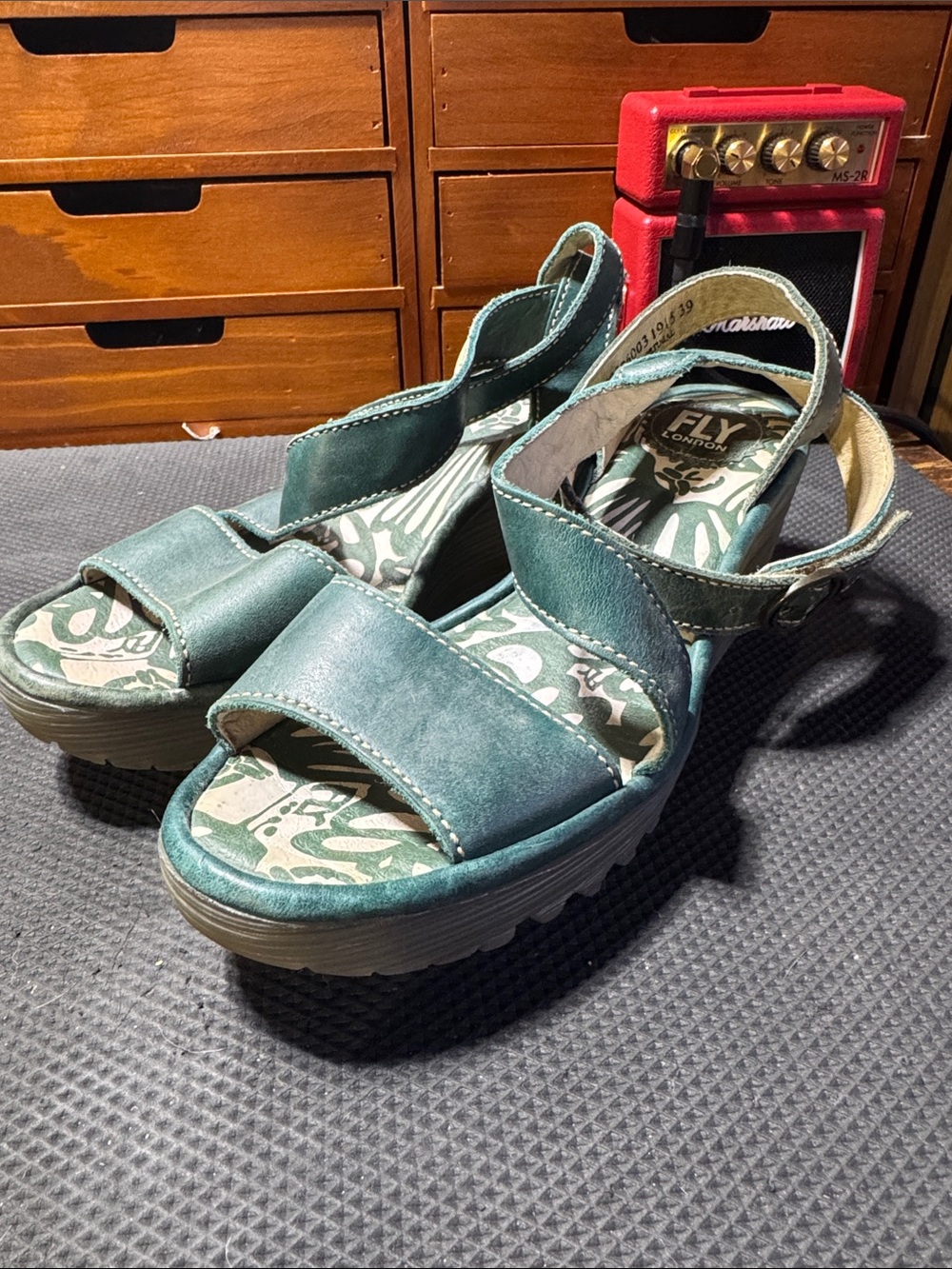 Fly London Teal Leather Wedge Sandals